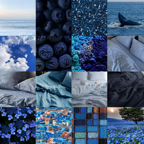 Deep blue coastal bedroom aesthetic. Shaam Saahil bedding collection