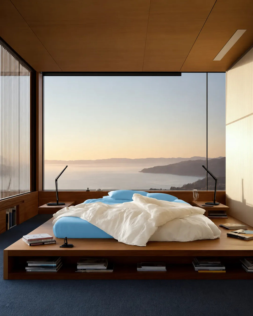 A modern minimalist bedroom featuring a low wooden platform bed with nimbus and creme bedding from Saanjh homes, set against a massive floor-to-ceiling window overlooking a scenic coastal landscape at sunset.