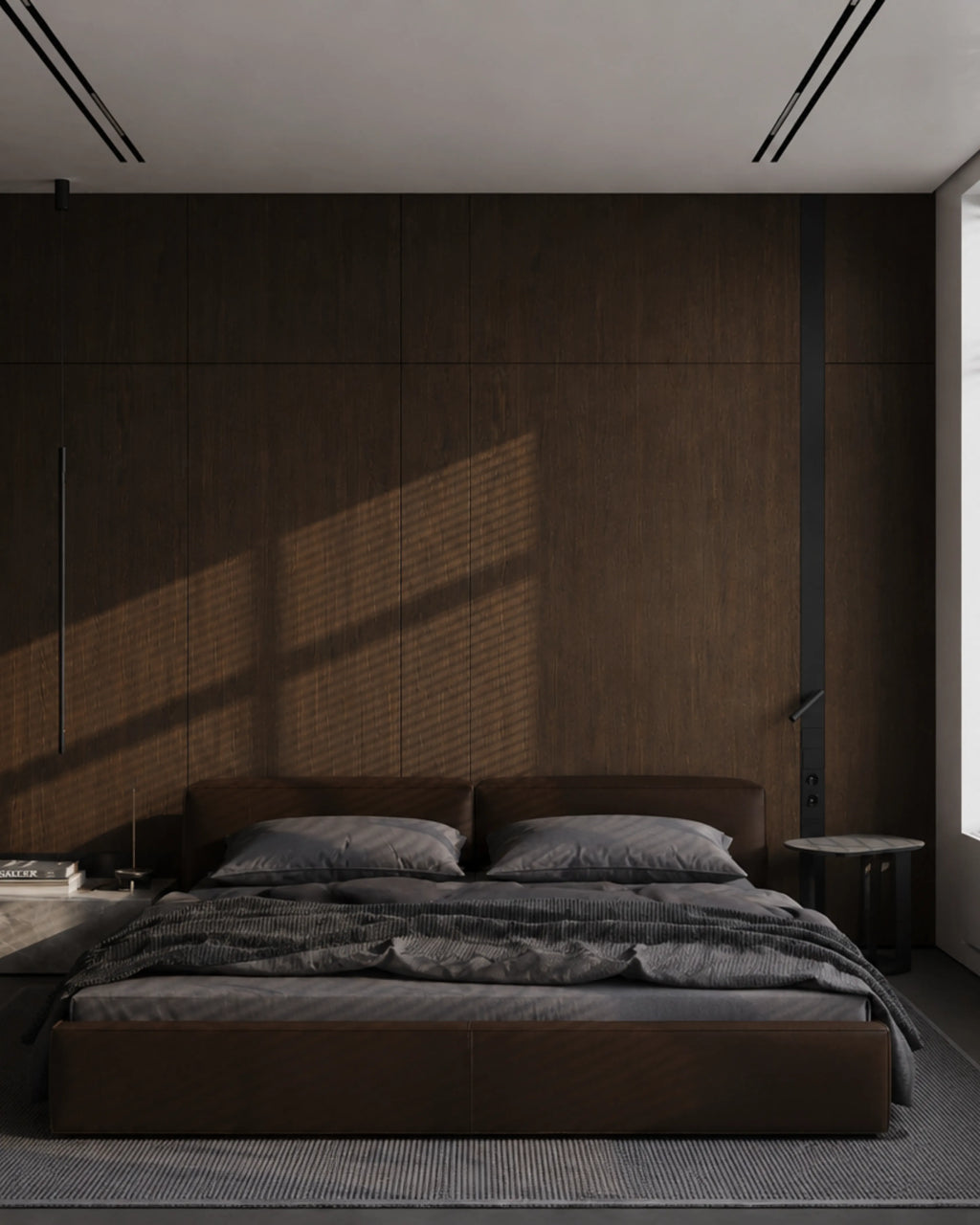 An aesthetic room with ash bedding. classy, elegant, manly. aspirational