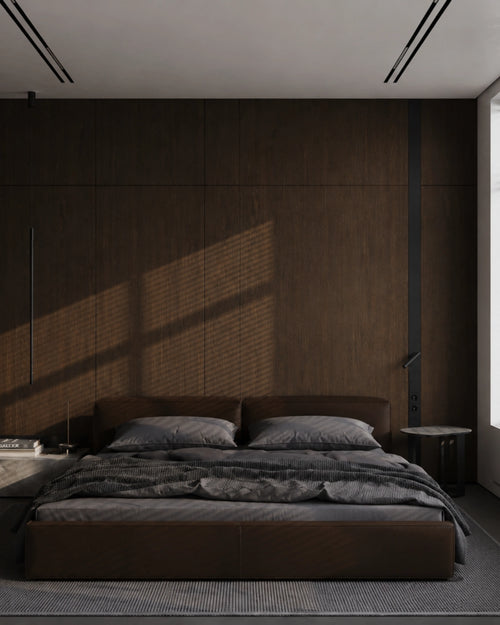 An aesthetic room with ash bedding. classy, elegant, manly. aspirational