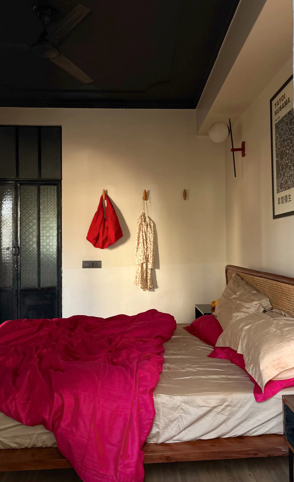 Lingonberry blush duvet cover on a styled double bed — Pehla Noor, Saanjh Homes