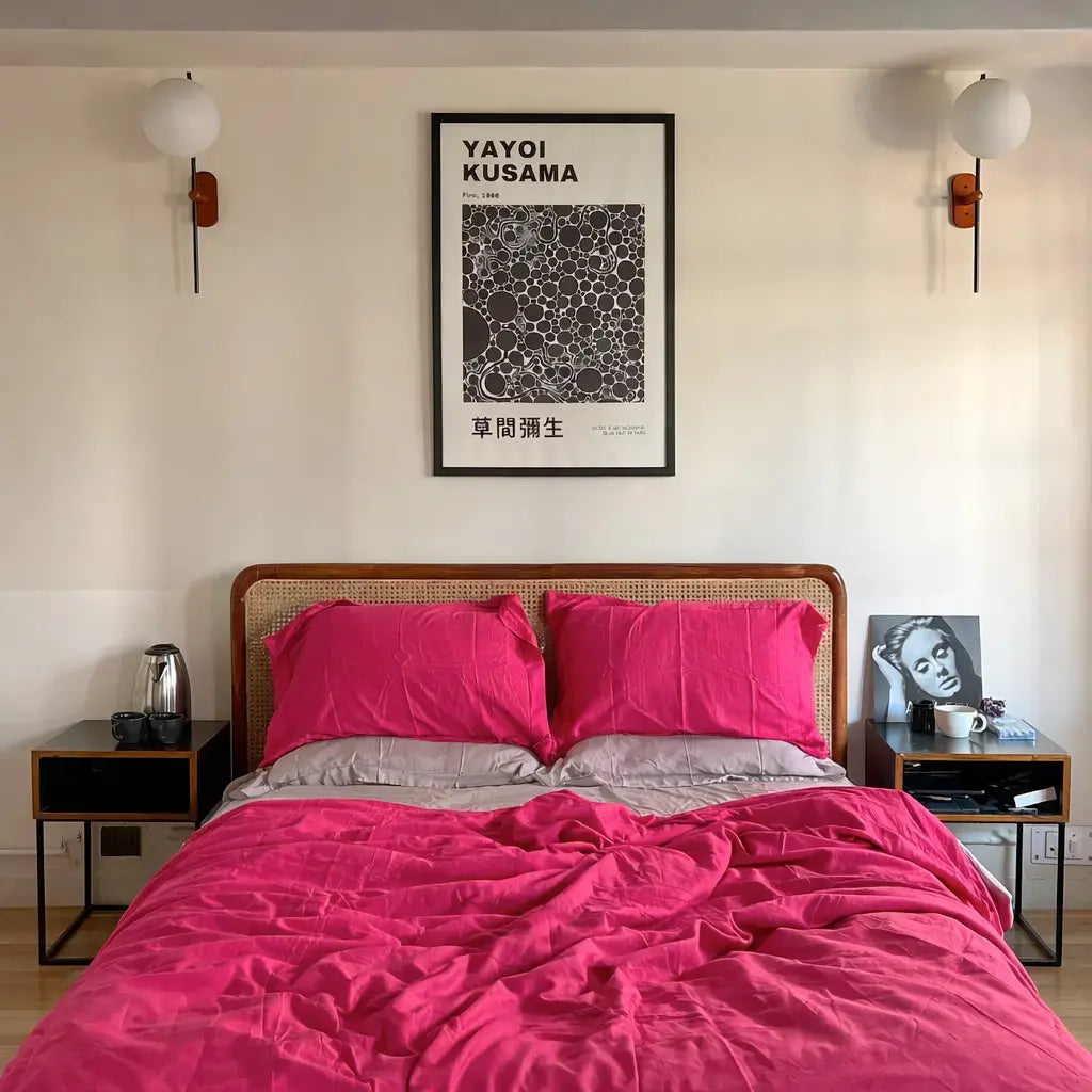 Bedroom with pink bedding, 'Yayoi Kusama' poster, and nightstands.