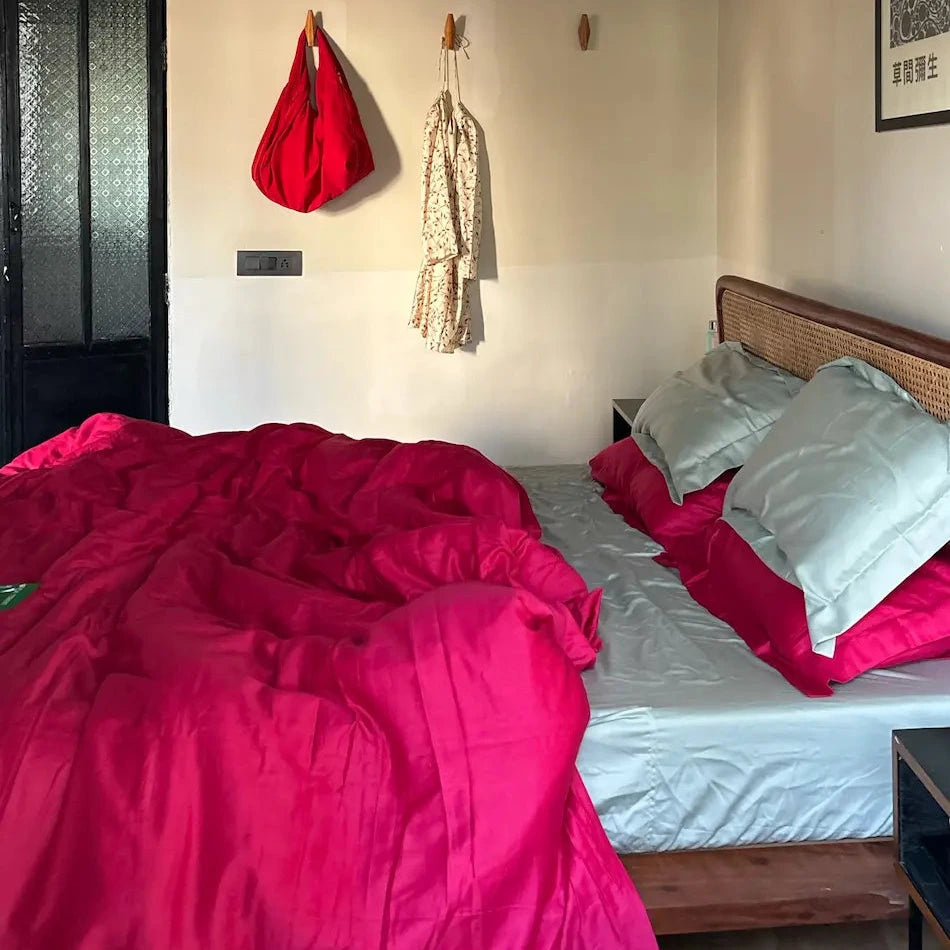 Saanjh Homes, mint and lingonberry combo, soft, pink.