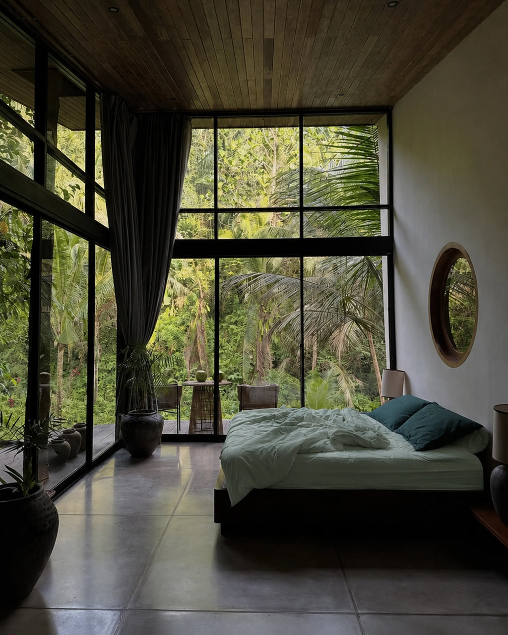 A modern bedroom with a low platform bed, mint bedding, and petrol pillows from saanjh homes, set in a room with a wood ceiling, dark gray tiled floor, and a large floor-to-ceiling window looking out onto a lush green forest.