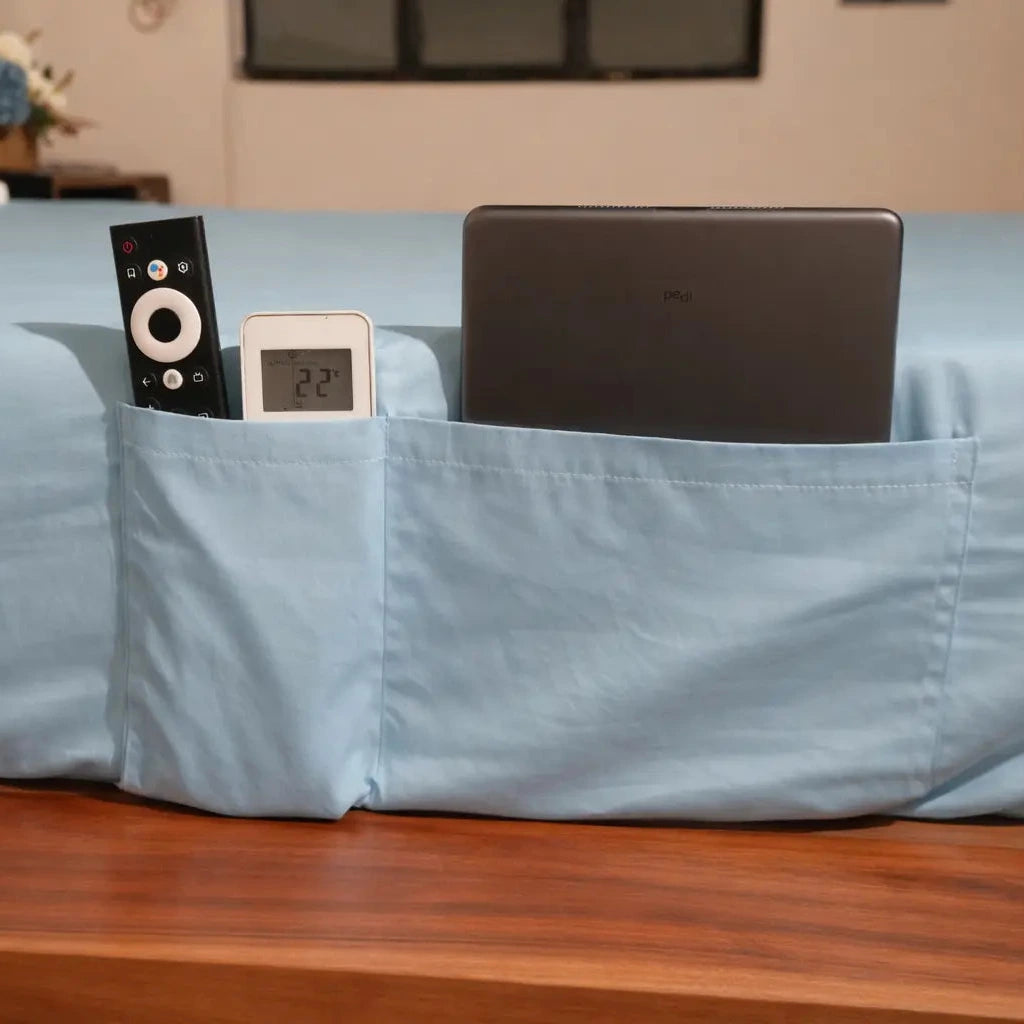 Saanjh Khisa side pocket on Nimbus fitted bedsheet — practical sleep design
