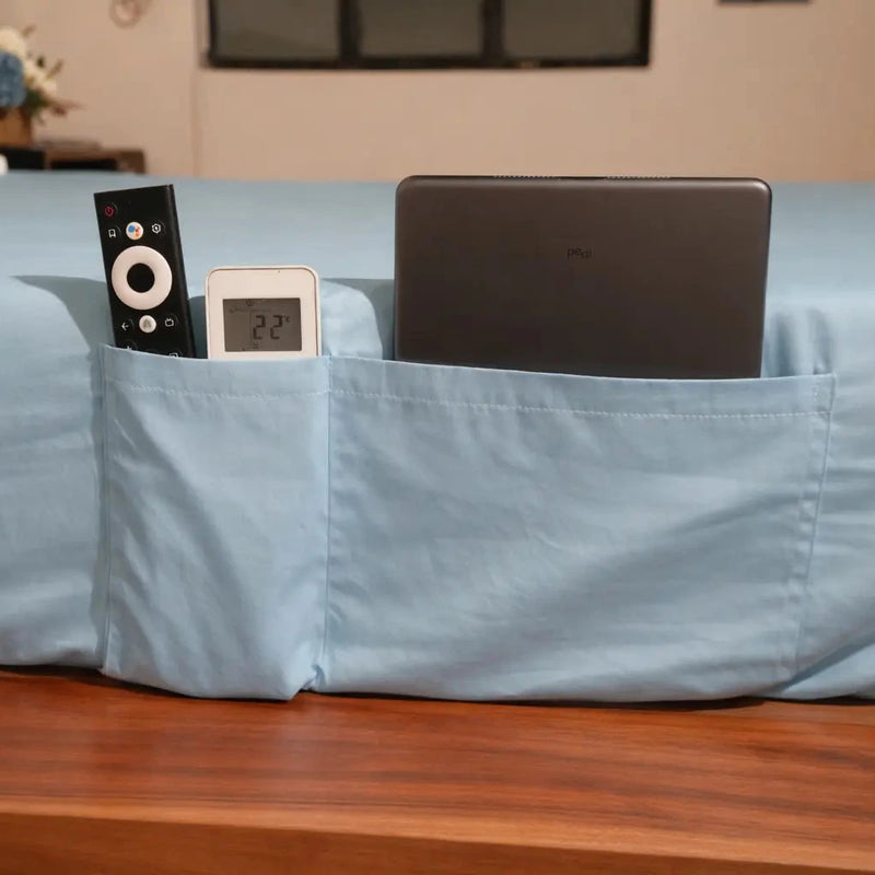 Saanjh Khisa side pocket on Nimbus fitted bedsheet — practical sleep design