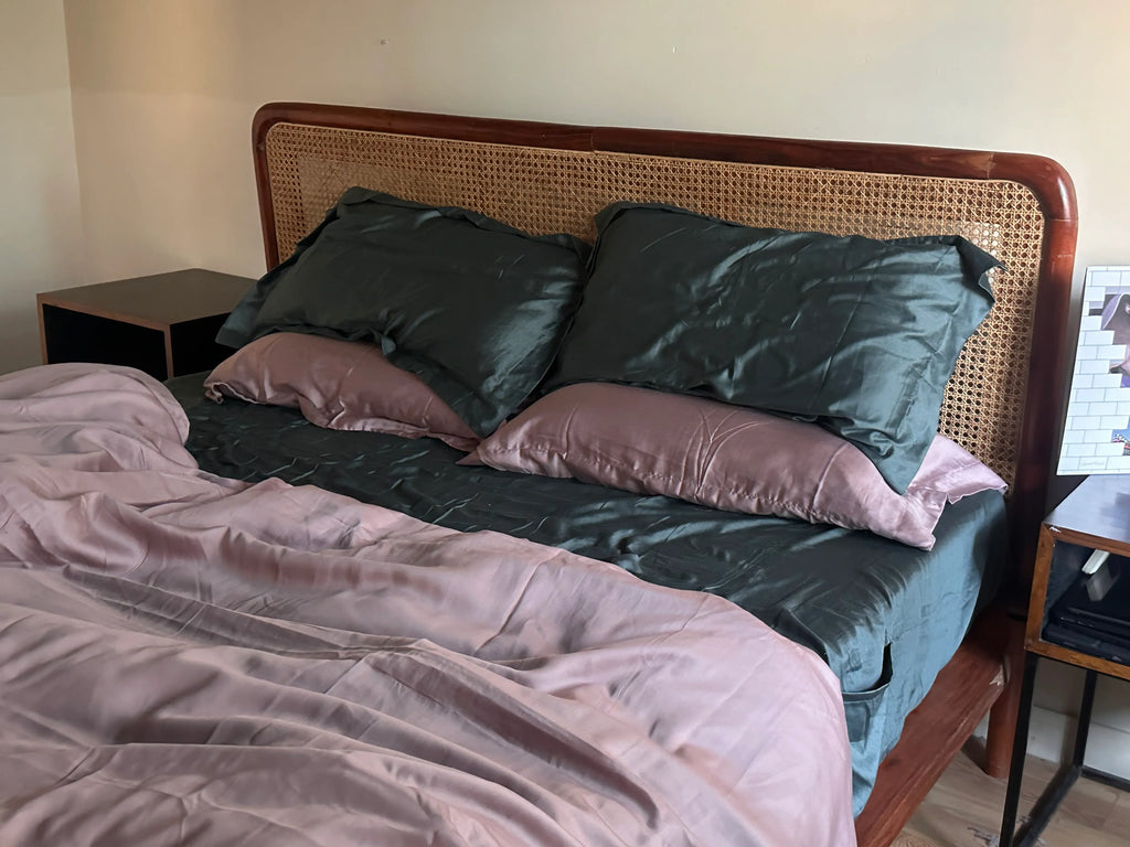 Petrol sheet with Rosewater duvet cover — mixed tone bedroom styling by Saanjh Homes