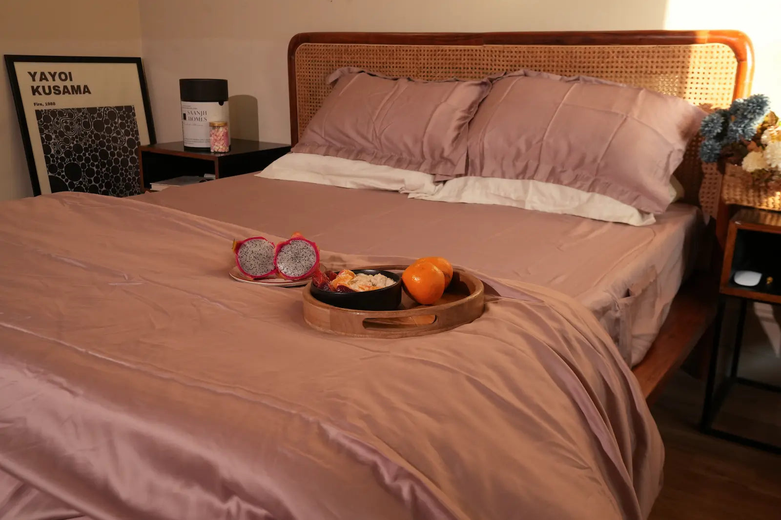 Saanjh roewater Bedding and a tray of healthy breakfast.