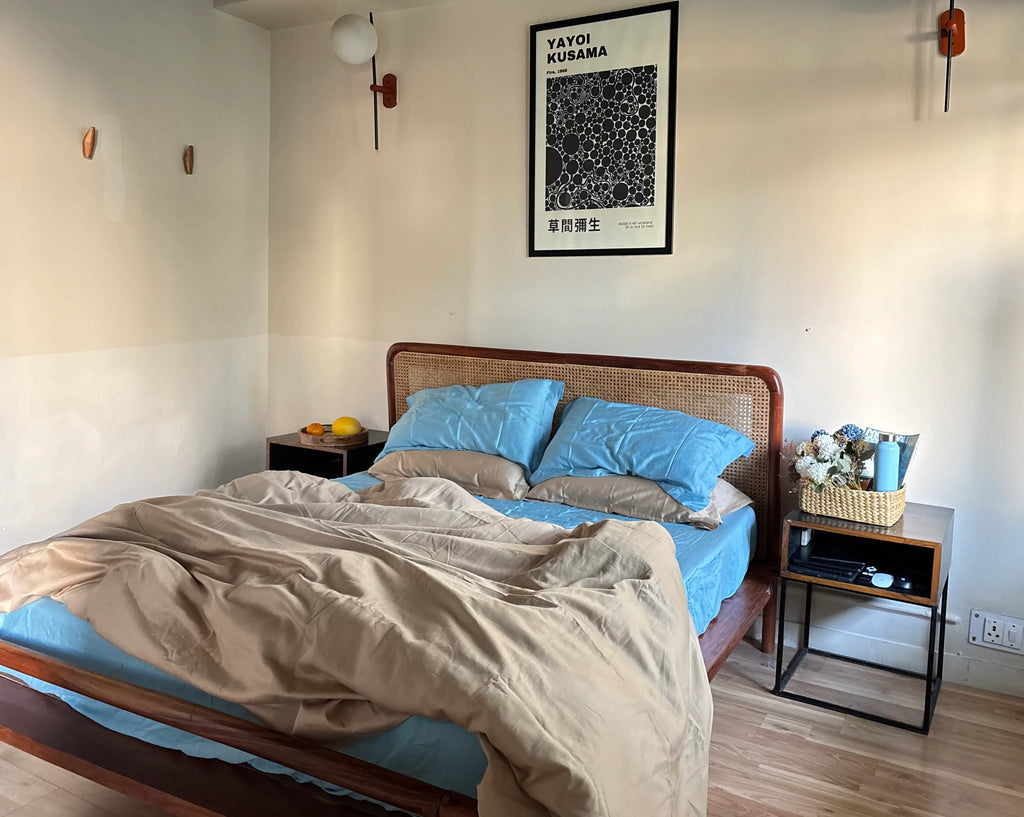 toast and nimbus Bed with a bed, nightstands, and wall art.