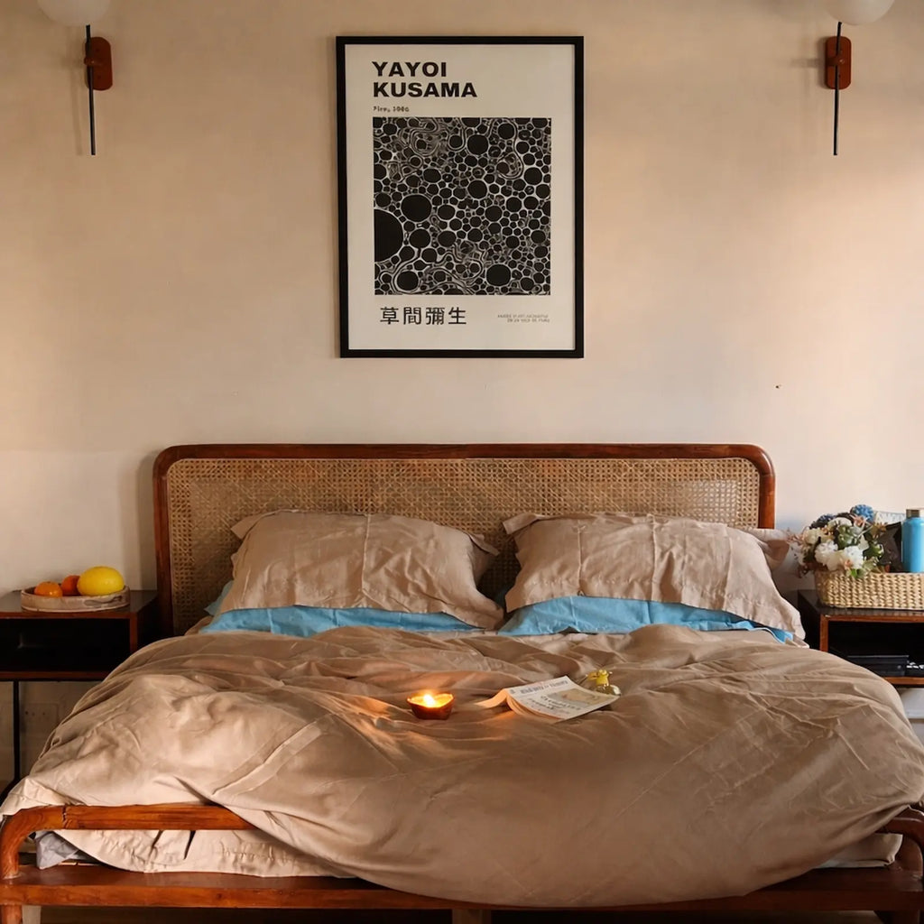 Toast beige fitted bedsheet with Nimbus pillowcases — Aamras collection, Saanjh Homes