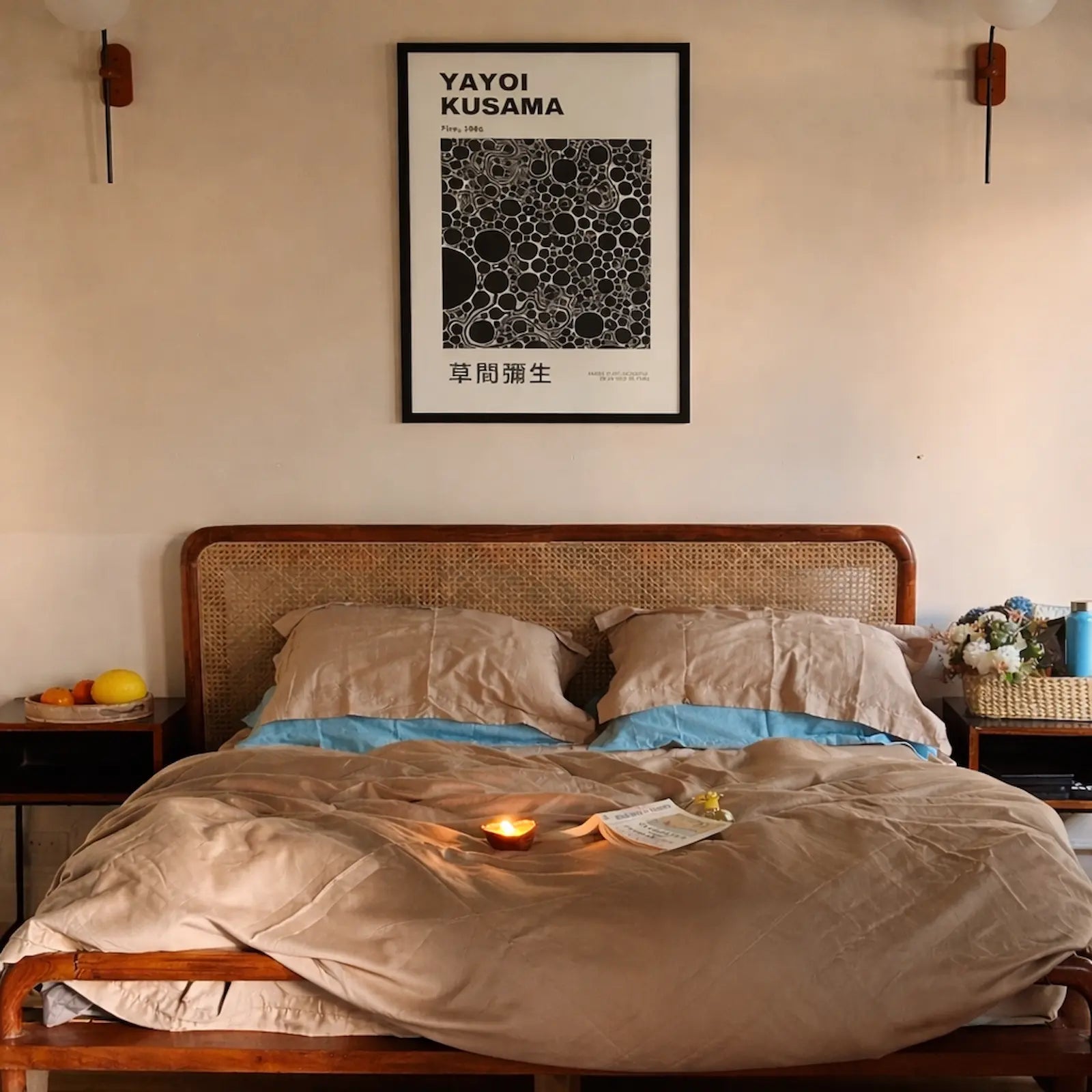 Bedroom with a toast bedsheet and nimbus pillowcases. From Saanjh Homes